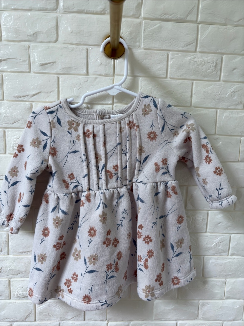 Girls Floral Knit Long-Sleeve Dress - Cream with Rust & Blue Flower Print